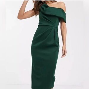 ASOS Drape One-Shoulder Midi pencil dress in forest green
